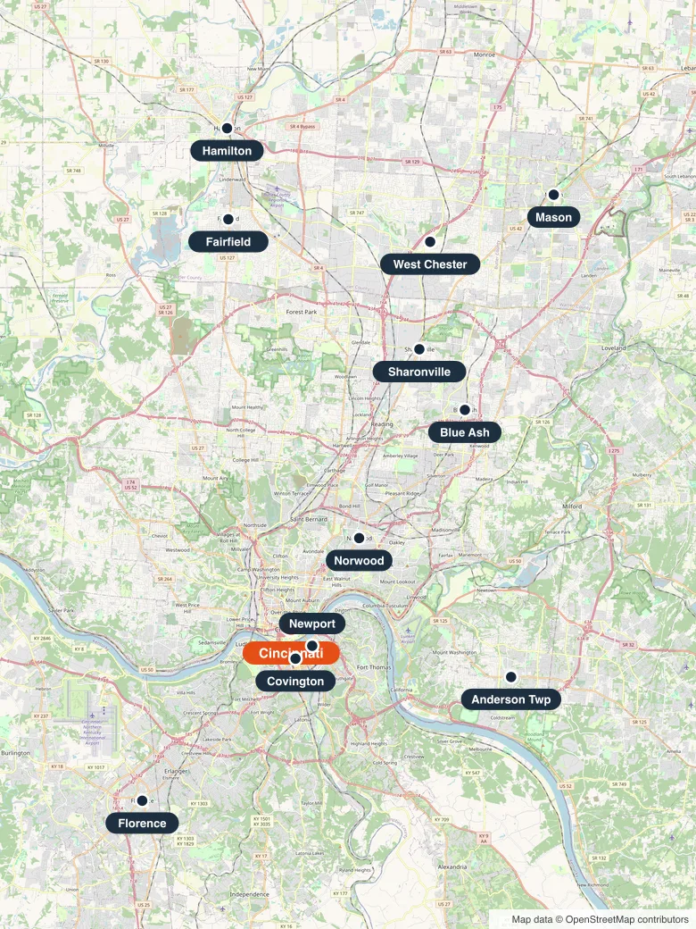 Map of Greater Cincinnati with pins on Cincinnati and 11 nearby service cities